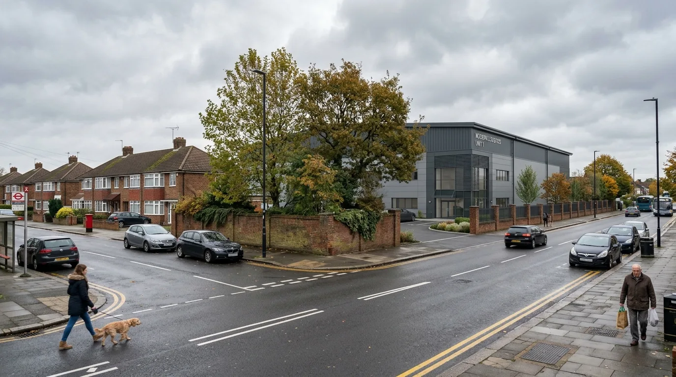 Townscape CGI showing a proposed industrial building integrated within an existing streetscape with neighbouring properties, roads, and pedestrians produced by StratumCGI