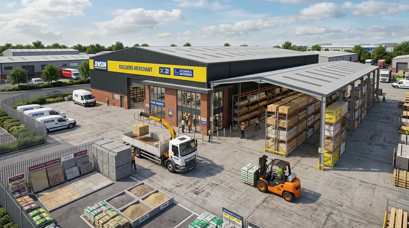 Photoreal builders merchant and trade counter CGI showing covered loading canopy, timber racks, forklift, and trade vehicles on a UK industrial estate produced by StratumCGI