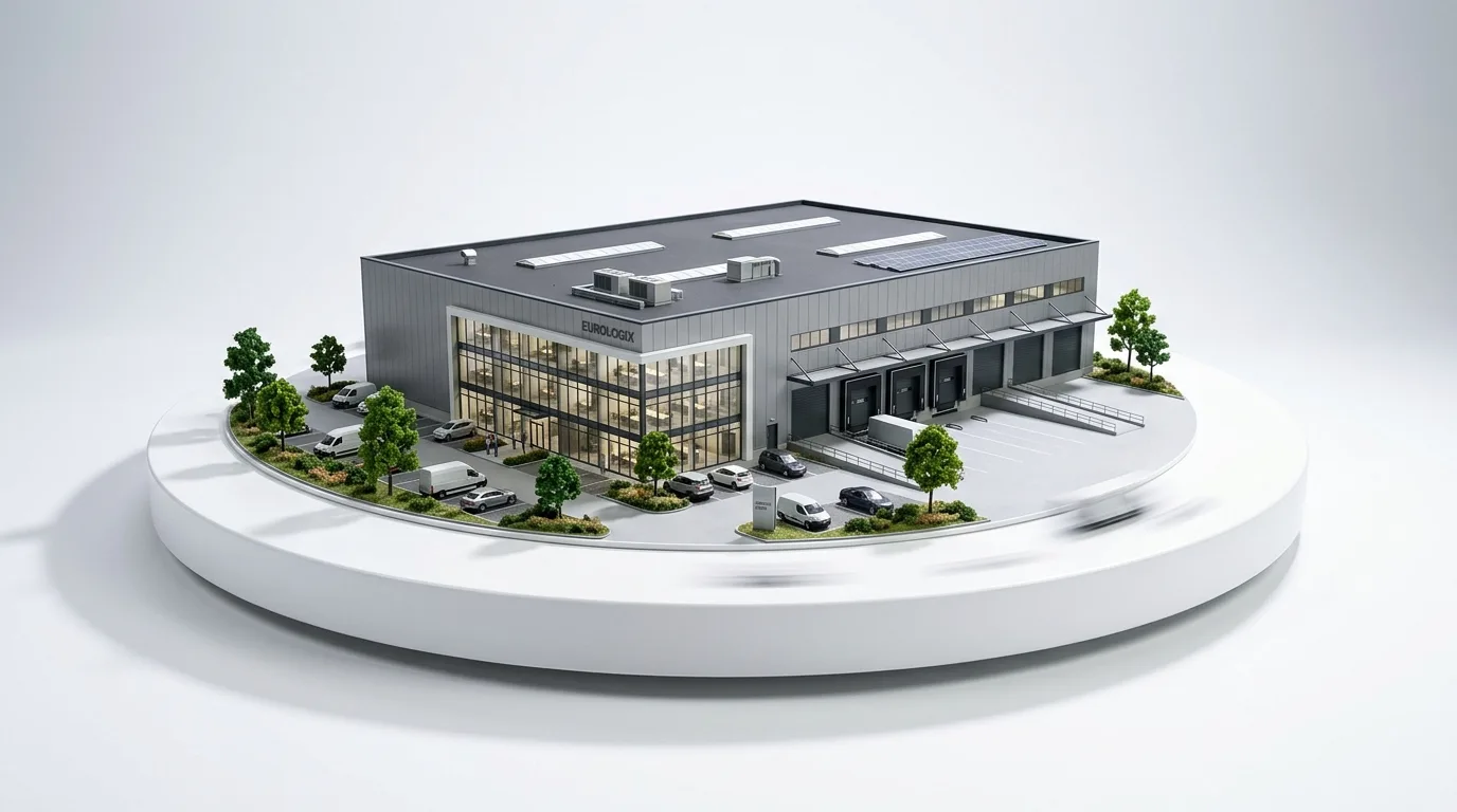 Turntable frame CGI showing an industrial building isolated on a clean background in product-shot style for investor and board-level presentation produced by StratumCGI