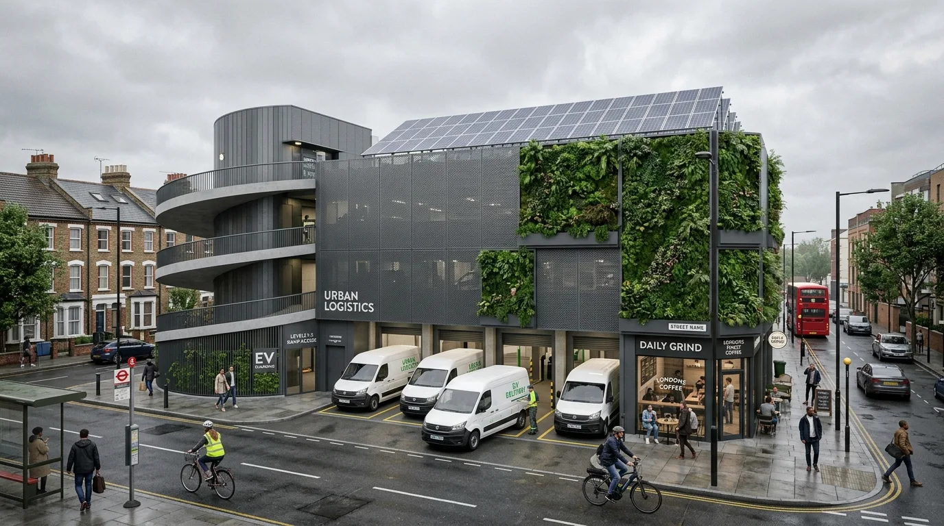 Photoreal last-mile urban depot CGI showing a multi-storey logistics hub with electric delivery vans, rooftop solar panels, and pedestrian ground floor activation produced by StratumCGI
