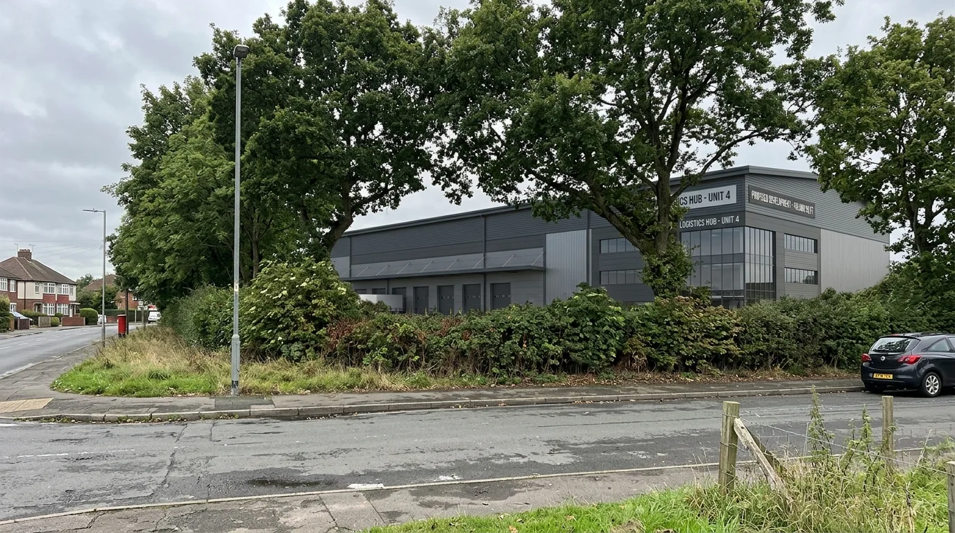 Verified view photomontage CGI showing a proposed warehouse inserted into an existing UK street photograph produced by StratumCGI