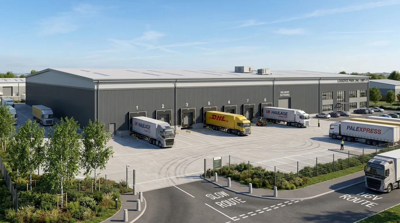 Photoreal warehouse exterior CGI showing a UK logistics hub with HGV loading bays, operational yard, and landscaped perimeter produced by StratumCGI