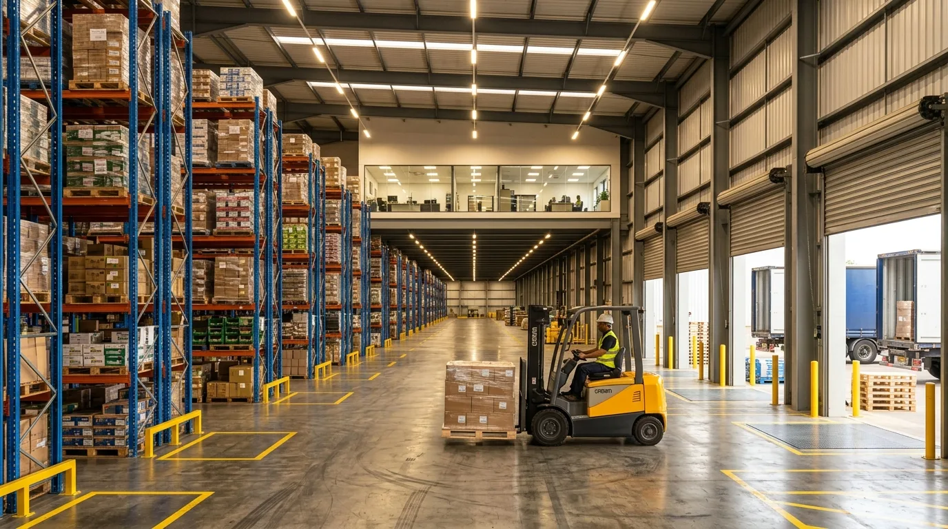 Photoreal warehouse interior CGI showing pallet racking, forklift, mezzanine office, and loading dock in a UK logistics facility produced by StratumCGI
