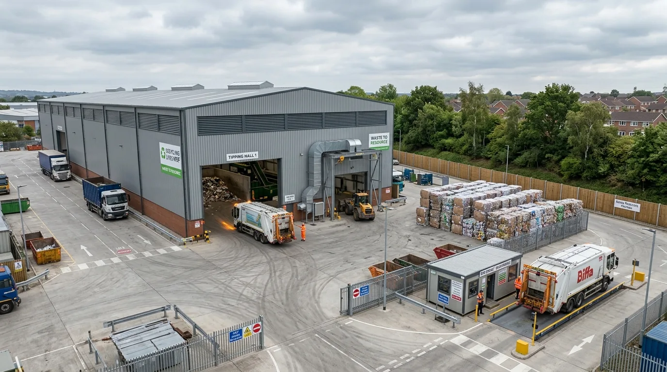 Photoreal waste and recycling facility CGI showing a tipping hall, sorting building, baled output storage, and vehicle circulation yard produced by StratumCGI