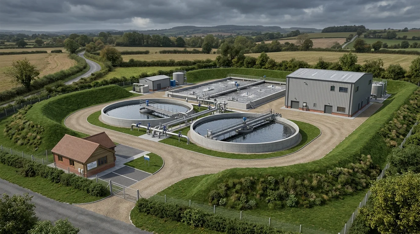 Water treatment works CGI showing settlement tanks, aeration basins, process building, and pipework in a UK rural setting produced by StratumCGI