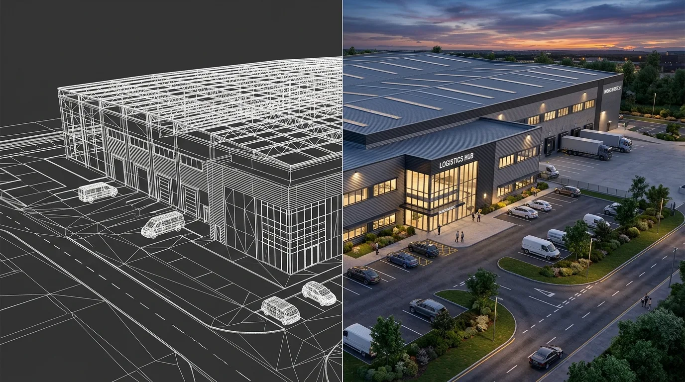 Wireframe overlay on a UK distribution centre render, the coordination layer between architect, MEP, and CGI partner