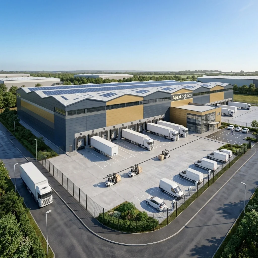 Build-to-suit warehouse CGI from the same aerial camera position showing daylight cladding colours, occupier signage, dock loading sequence, vans and service-yard activity