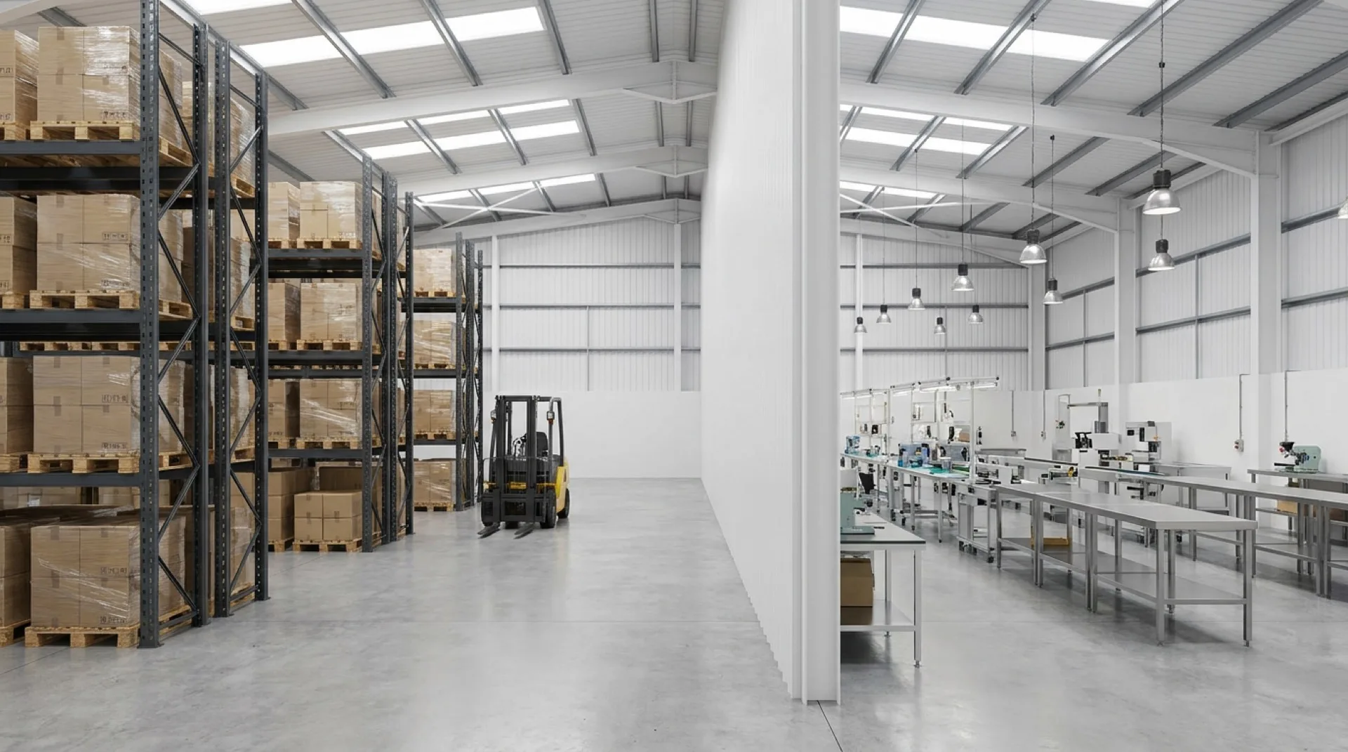 Warehouse mixed-use interior CGI showing the same logistics shell with pallet racking on the left half and a light manufacturing line on the right half divided by a clean partition wall
