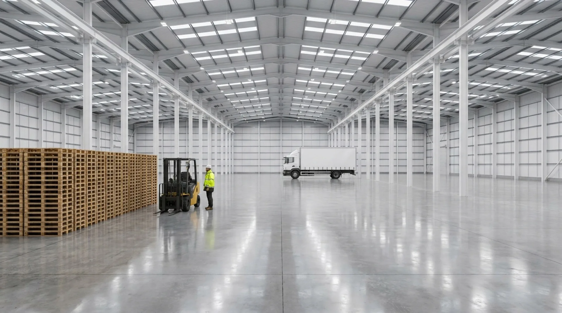 Warehouse interior CGI showing a 12 metre clear height shell with an 18-tonne rigid box truck, a 1.4 metre full pallet stack, a counterbalance forklift, a 1.75 metre person silhouette, and the structural column grid as scale references