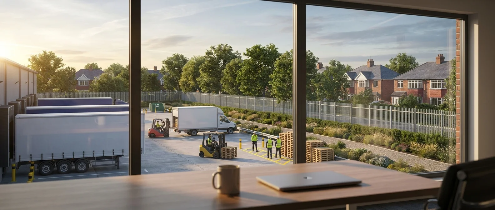 First-person view from an upper-floor warehouse office looking out across the operational yard with HGV trailers at dock, forklift activity, perimeter fence, landscape buffer, mature trees, and British residential rooftops in the distance