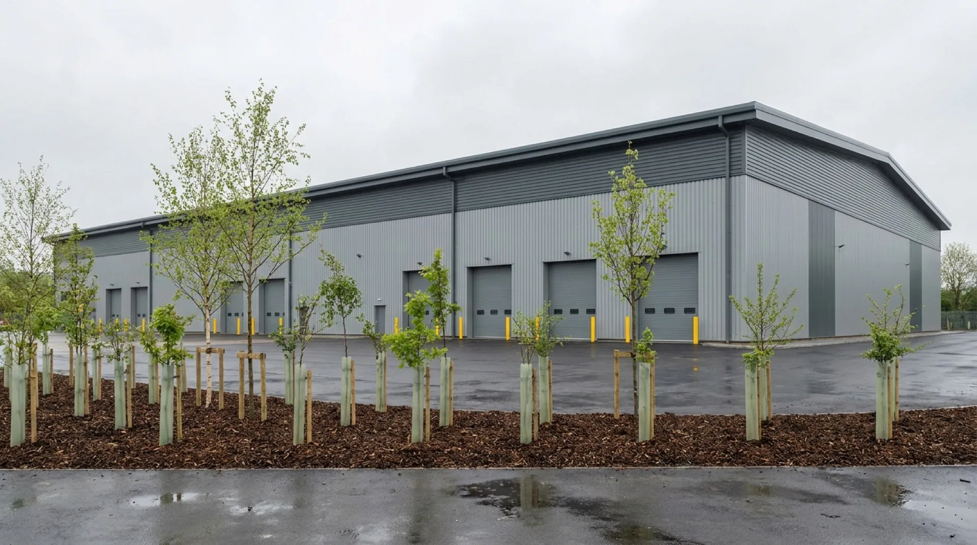 Warehouse landscape growth CGI year one showing newly planted screening belt of oak, birch, alder, and hawthorn saplings at two to three metres with timber stakes and exposed mulch in front of a UK distribution warehouse