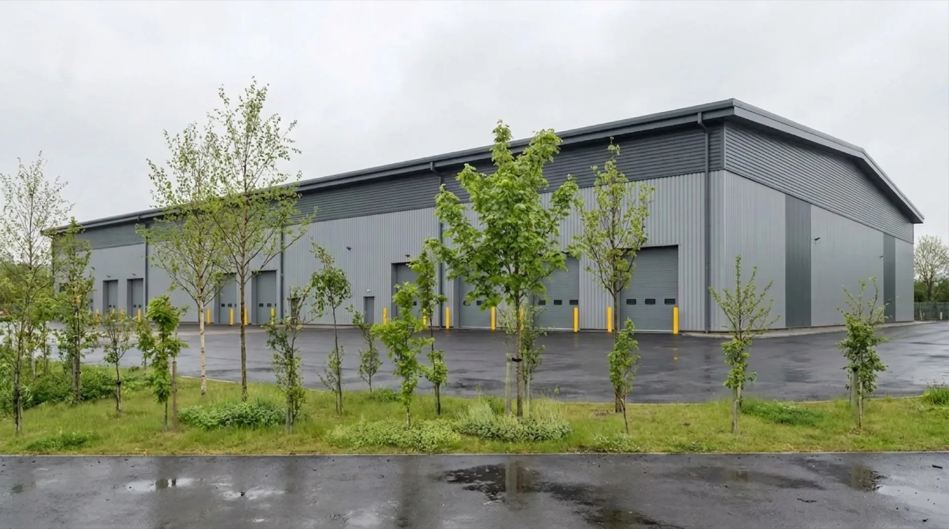 Warehouse landscape growth CGI year five showing partial canopy closure with five to seven metre trees and the warehouse upper third still visible above the screening belt