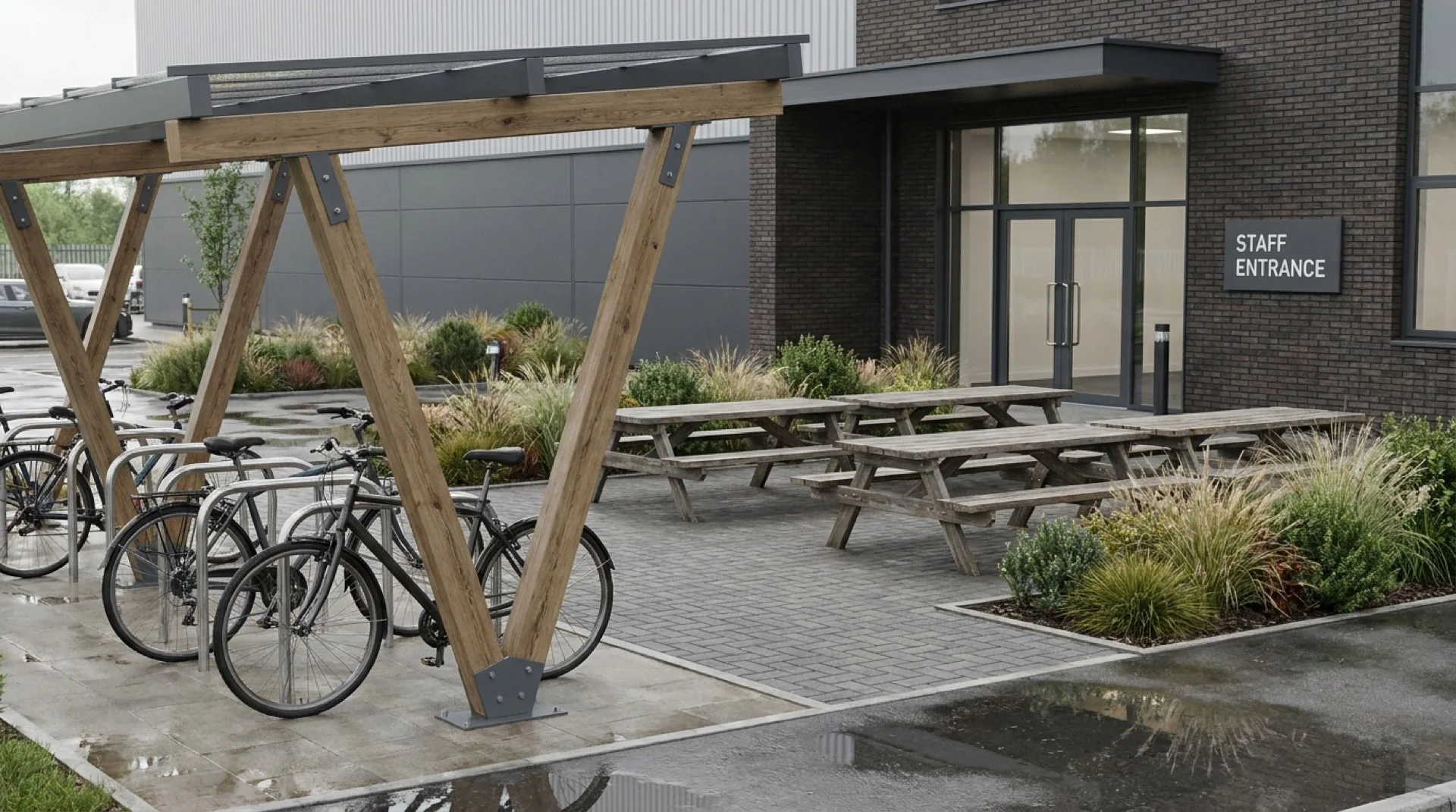 Warehouse staff amenity zone CGI showing covered cycle racks, picnic tables with timber benches, ornamental grasses and shrub planting, and the staff entrance behind, with no people present