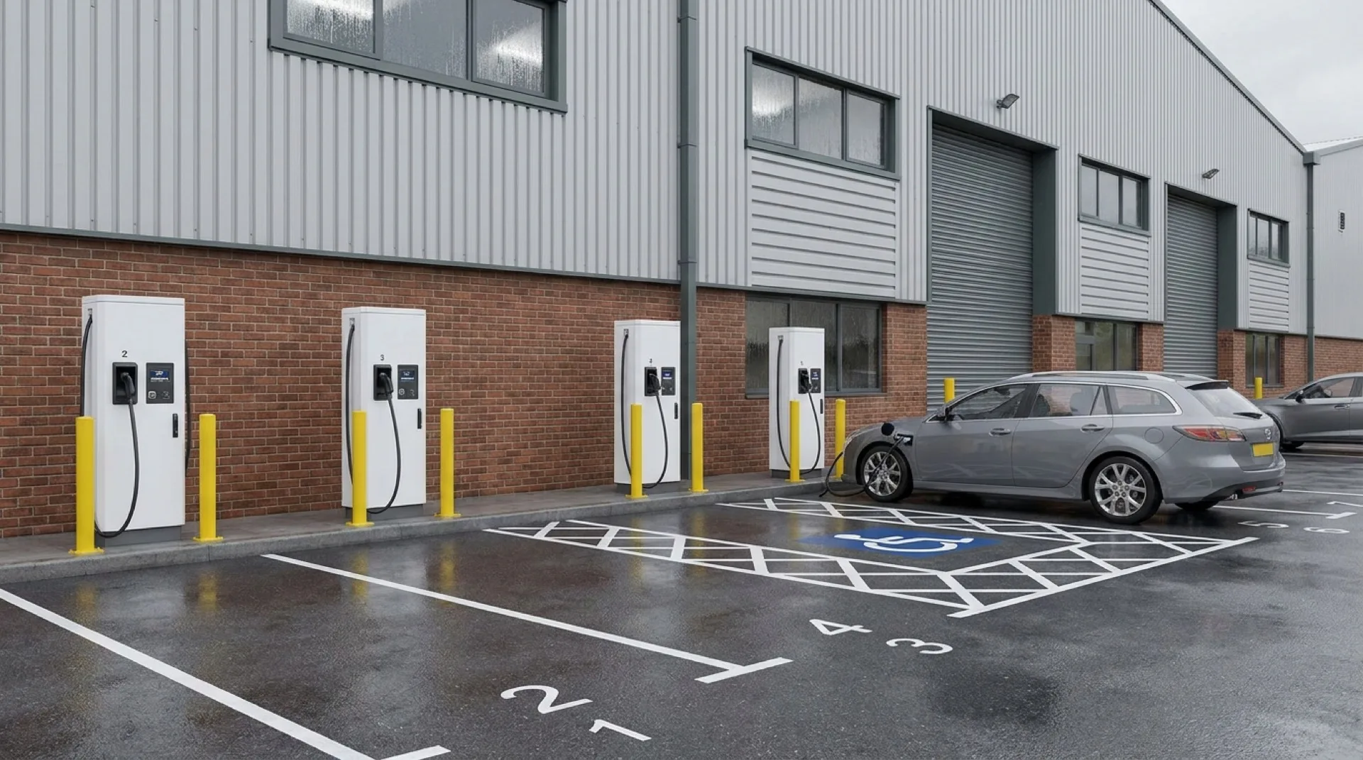 Warehouse EV charging bay row CGI showing twin-head charging units, vehicles plugged in, an accessible bay marked with the wheelchair symbol, line-painted bay numbers, and bollard protection