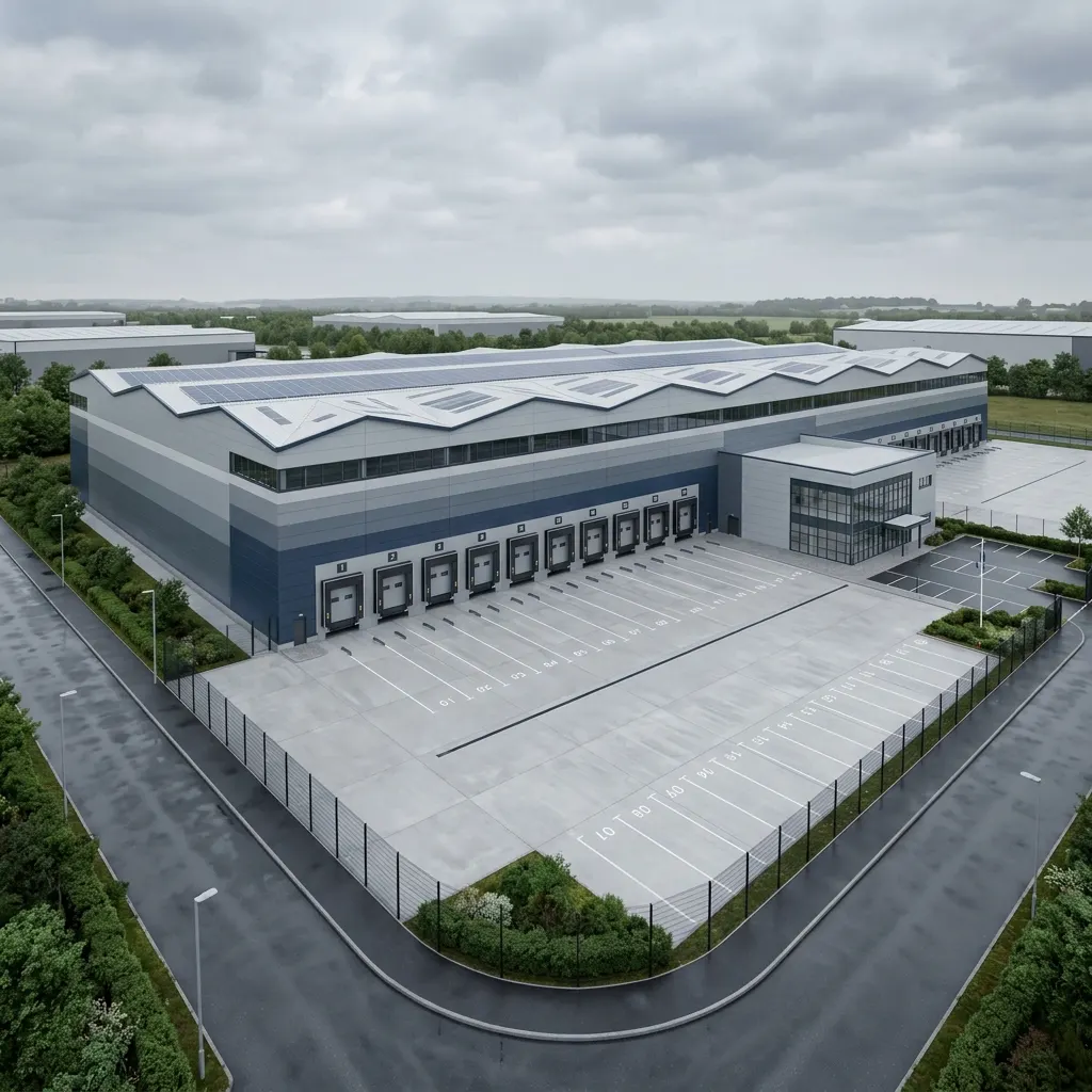 Speculative warehouse CGI showing a market-ready logistics building, dock line and open service yard before occupier fit-out