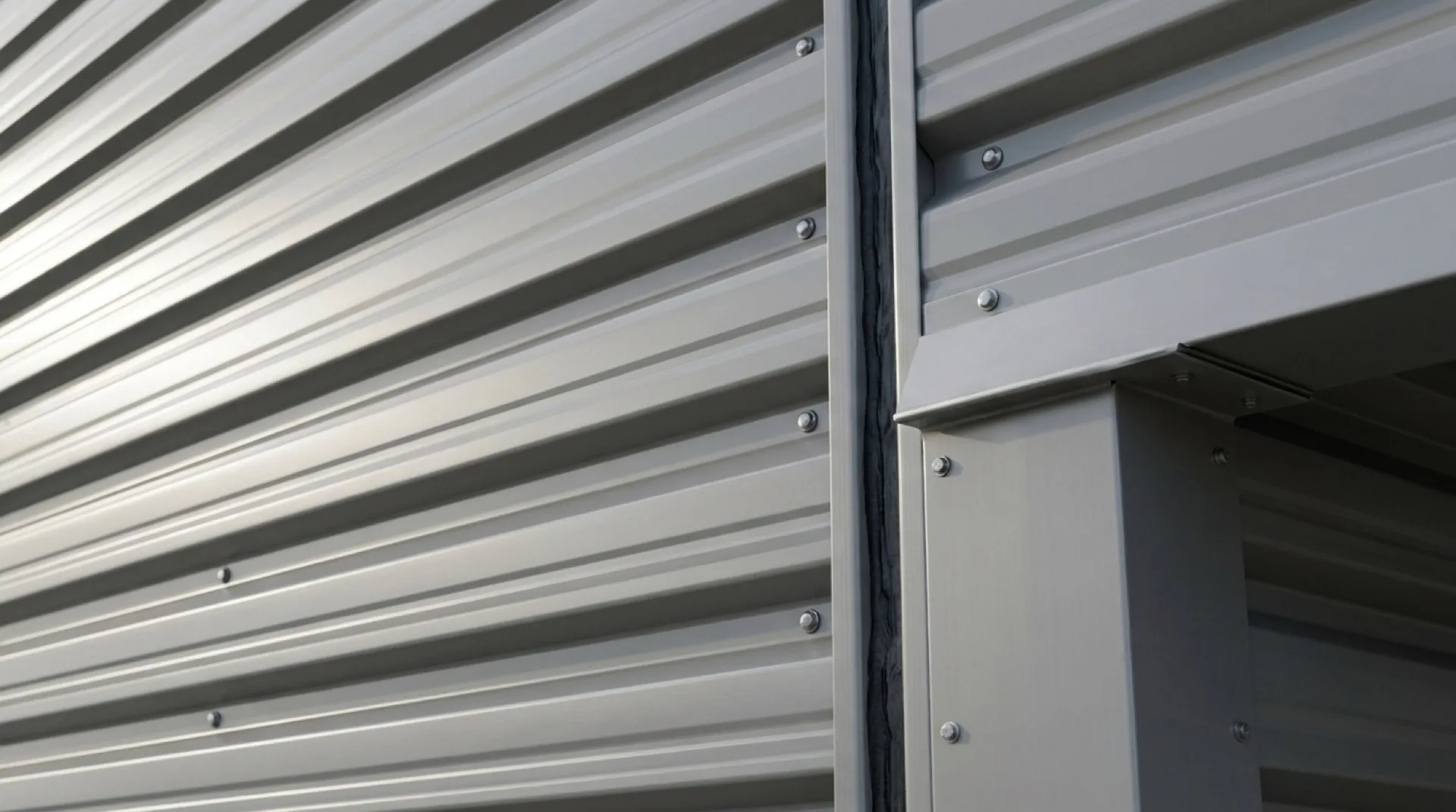 Warehouse cladding rib profile CGI close-up showing horizontal ribbed insulated panel system with rib pattern, joint detail, fastener line, and corner flashing under raking light
