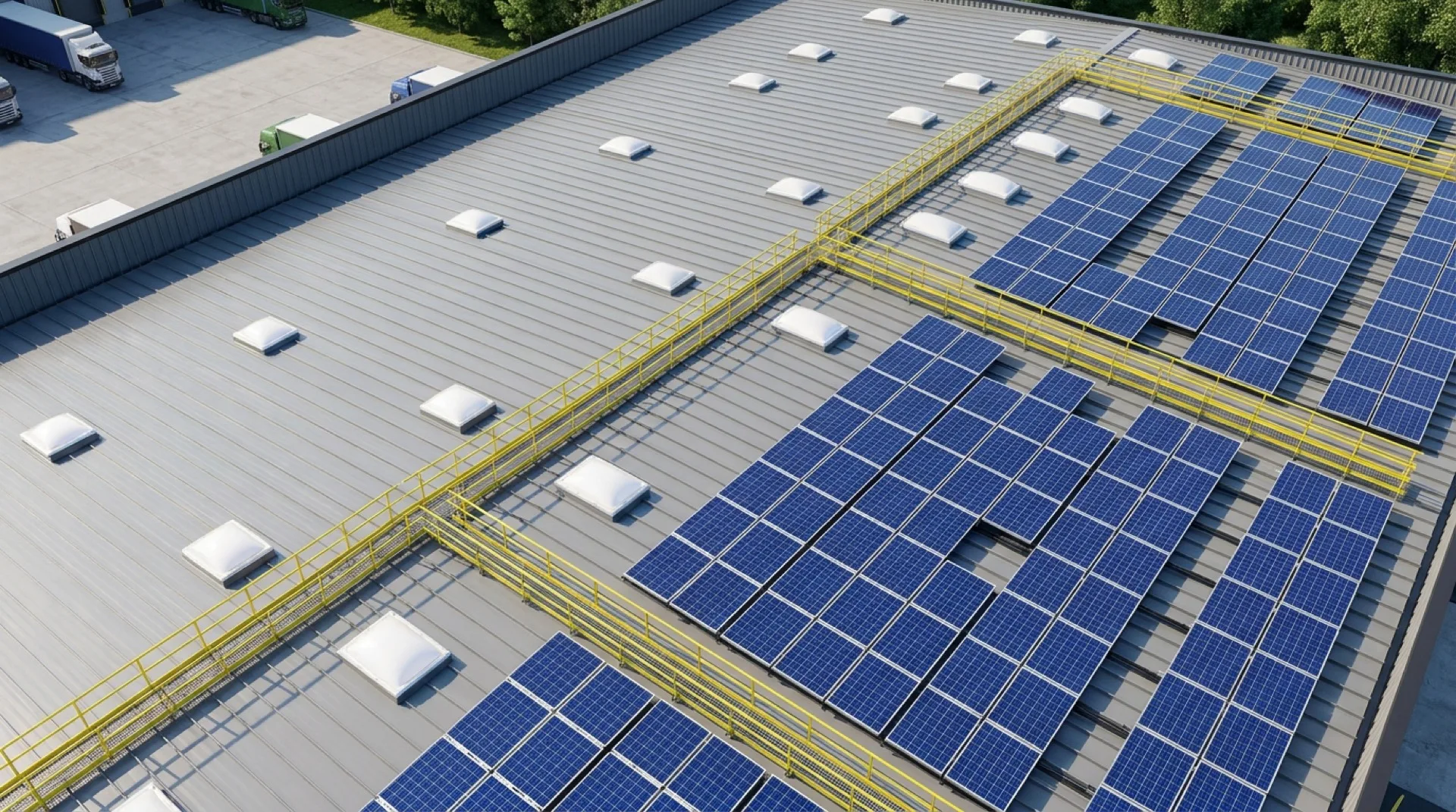 Warehouse roof PV array CGI close-up showing accurate panel pitch, ten-degree tilt, walkway gaps every fourth row, and rooflights at consistent grid spacing on a UK distribution warehouse