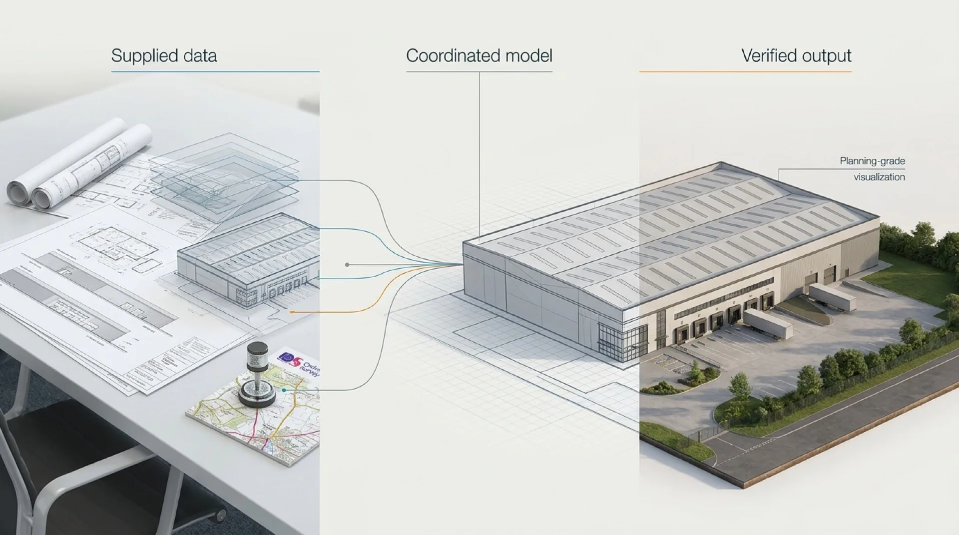 Warehouse CGI verification workflow diagram showing supplied data (architect drawings, BIM geometry, OS map and survey) flowing into a coordinated 3D greybox model and emerging as a fully rendered planning-grade warehouse visualisation