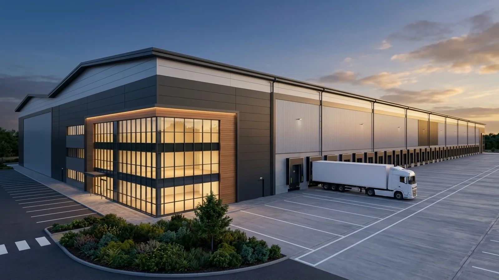 Marketing CGI still of a UK warehouse office frontage and dock-door rhythm in late-afternoon light